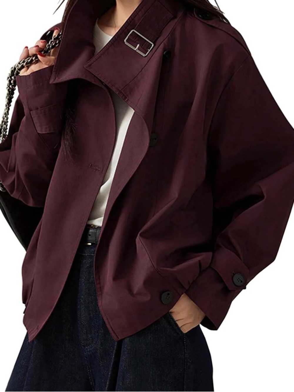 Women's Cropped Trench Jacket - Burgundy - Picture 6 of 6